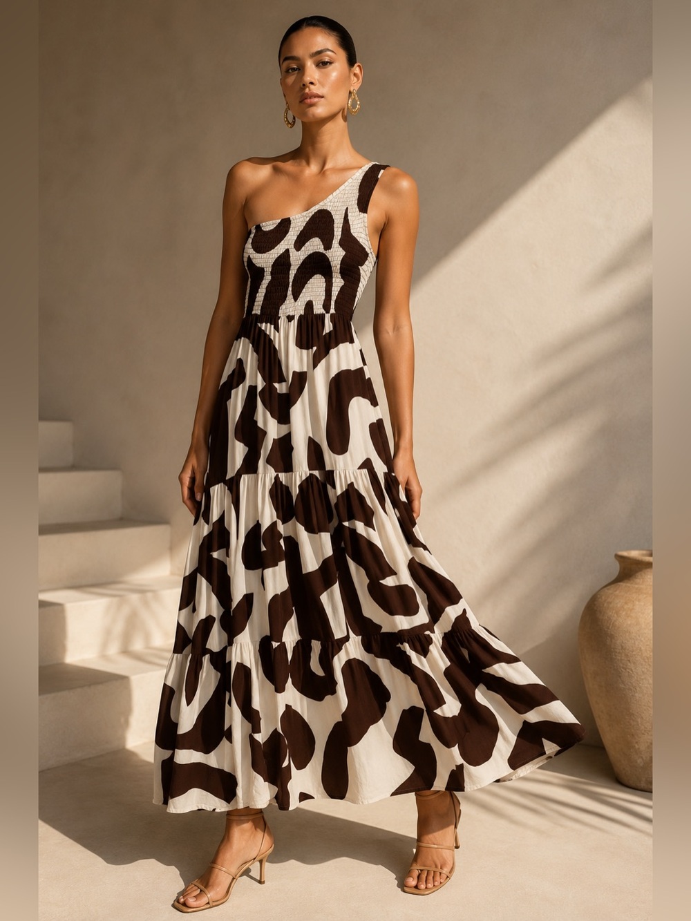 Anthropologie Abel the Label One Shoulder Smocked Tiered Midi Dress Brown/Ivory